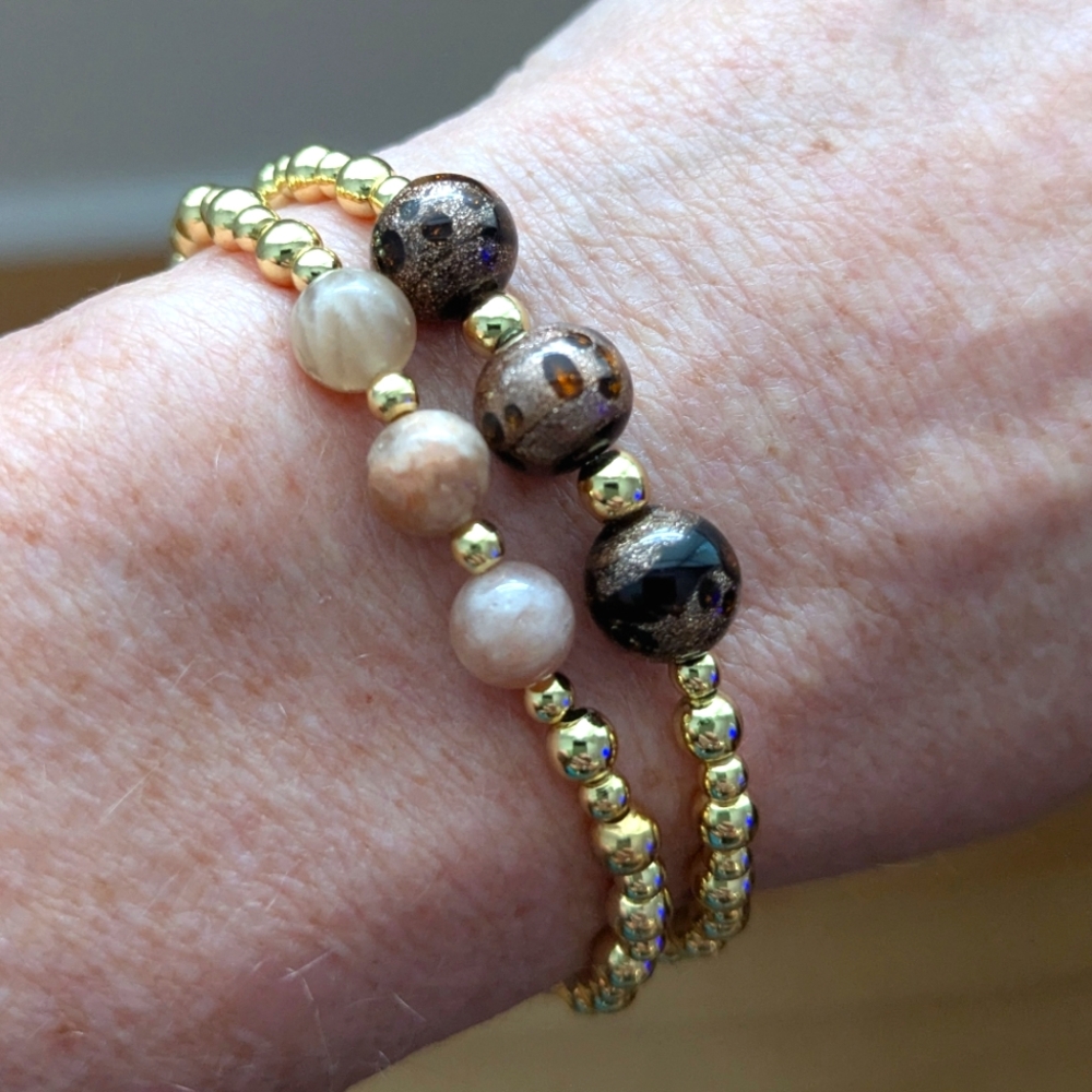 Elegant 18kt Gold Filled & Moonstone & Brown Vintage Beaded Stretch Bracelet Set